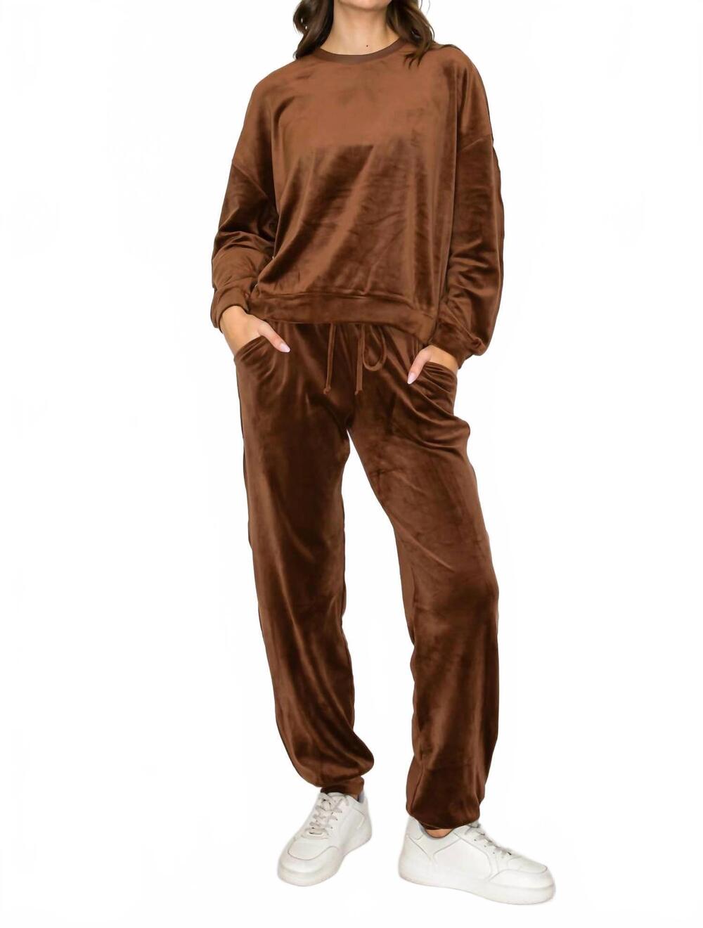 NEW KNIT RIOT velour track jogger pants in chocolate
